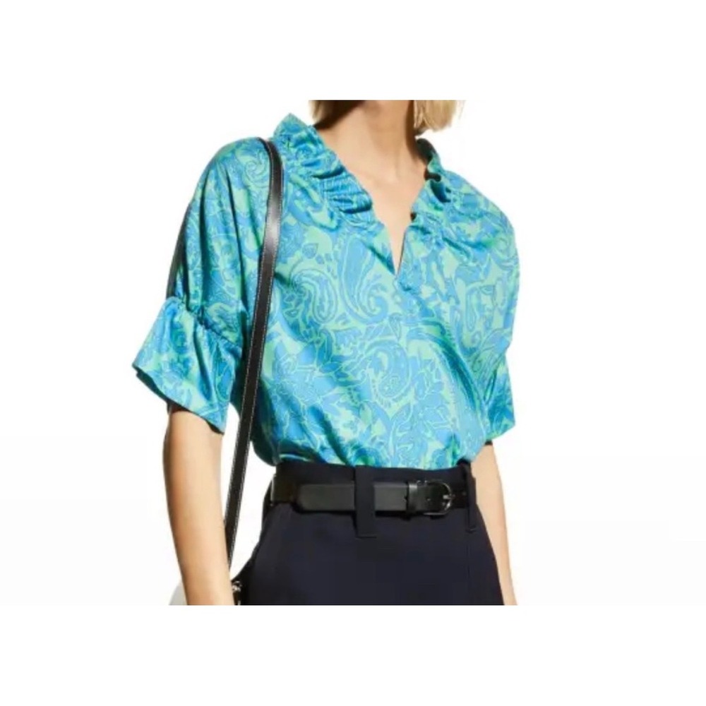 Finley Paisley Ruffle V-Neck Blouse Womens Green Blue Size M Short Sleeve Top